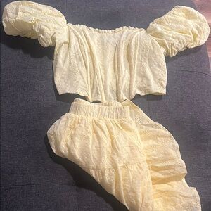 Yellow Eyelet Puff Sleeve Top and Skirt Set